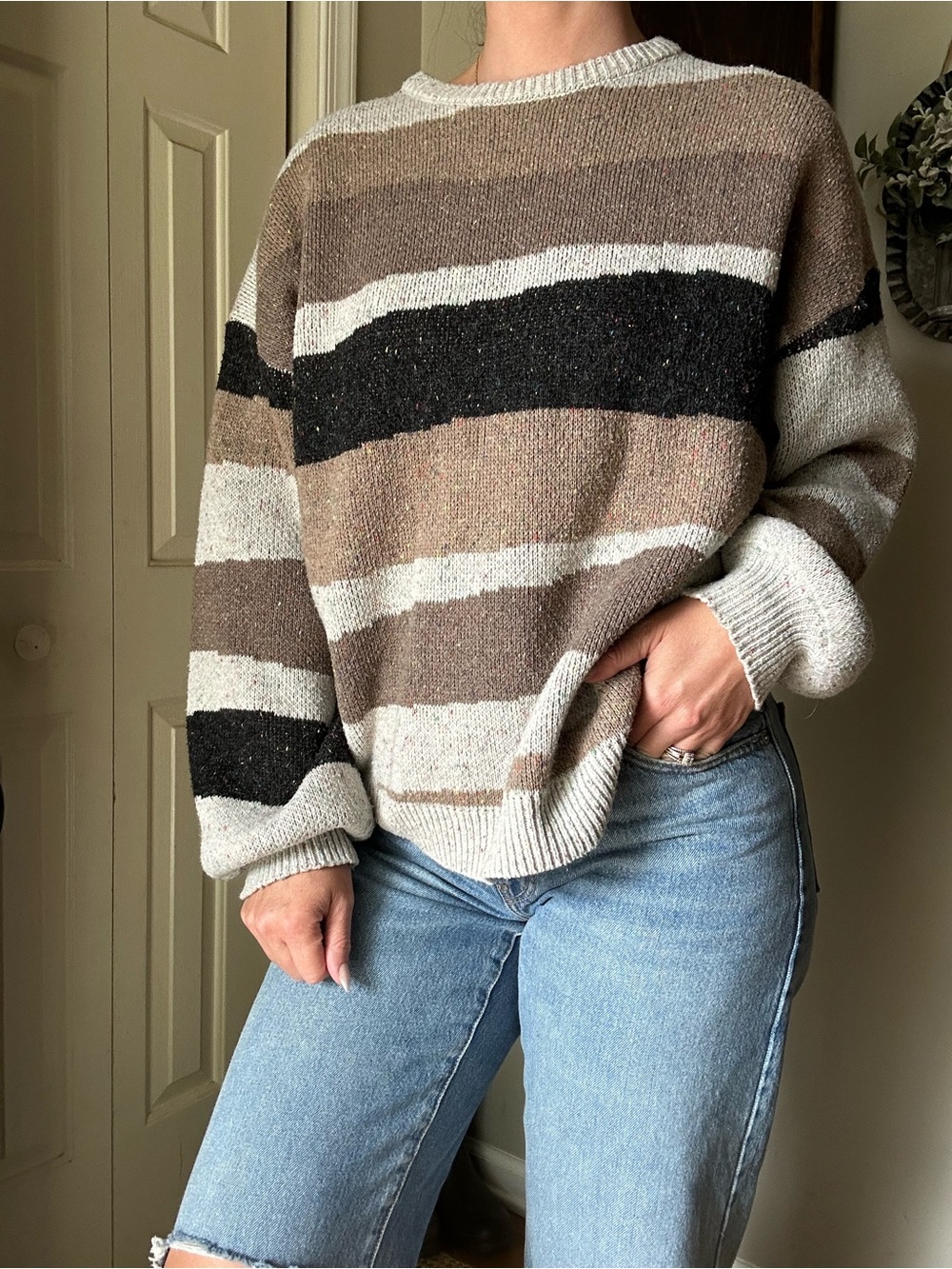Motel Rocks Striped Crewneck Sweater in Taupe, Black & Cream
